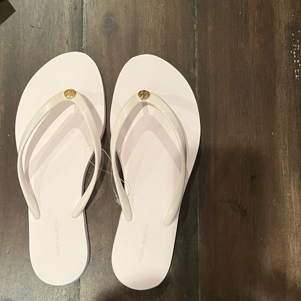 Tory Burch Light Pink Flip Flops with Gold Emblem
